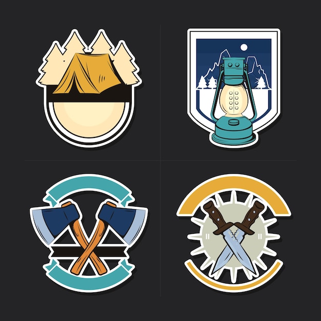 Vector gratuito colección de iconos de insignias de aventura sobre fondo negro