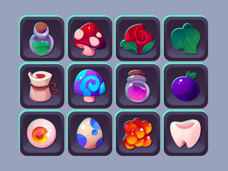 Vector gratuito colección de iconos de inventario de juego con objetos mágicos