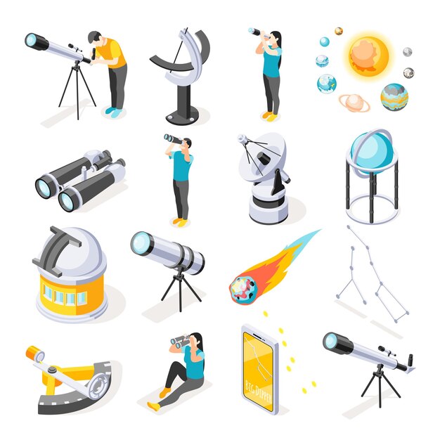 Colección de iconos isométricos de astronomía con imágenes aisladas de telescopios planetas y personas con ilustración de vector de equipo de observación moderno