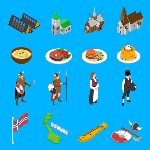 Colección de iconos isométricos atracciones turísticas de Noruega
