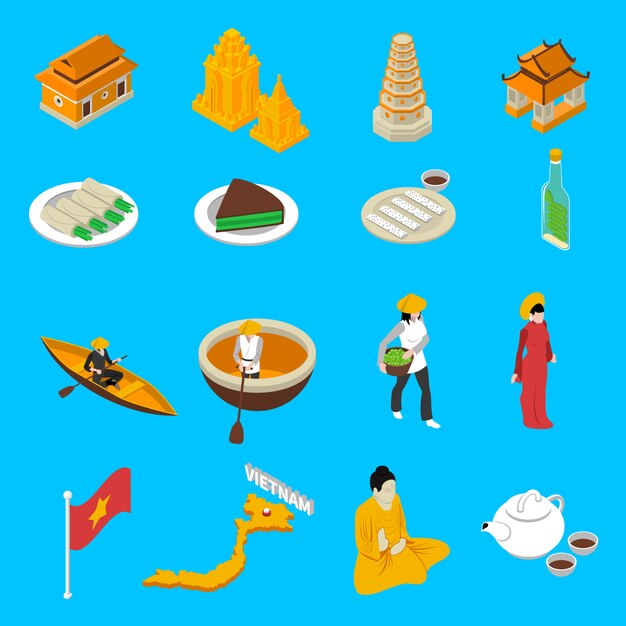 Colección de iconos isométricos de atracciones turísticas de Vietnam