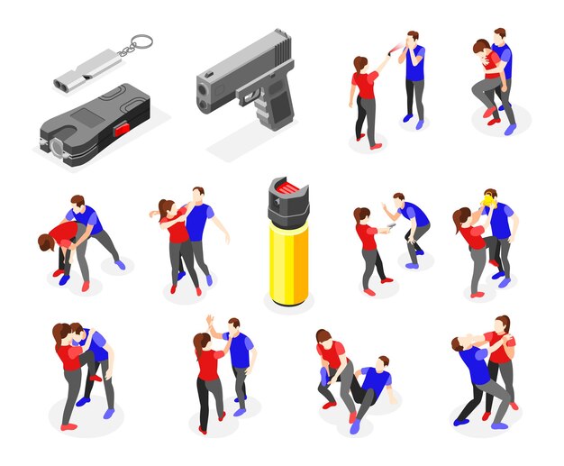 Colección de iconos isométricos de autodefensa con equipo personal aislado y pares de personas que luchan imágenes aisladas ilustración vectorial
