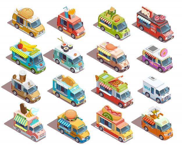 Colección de iconos isométricos de camiones de comida callejera