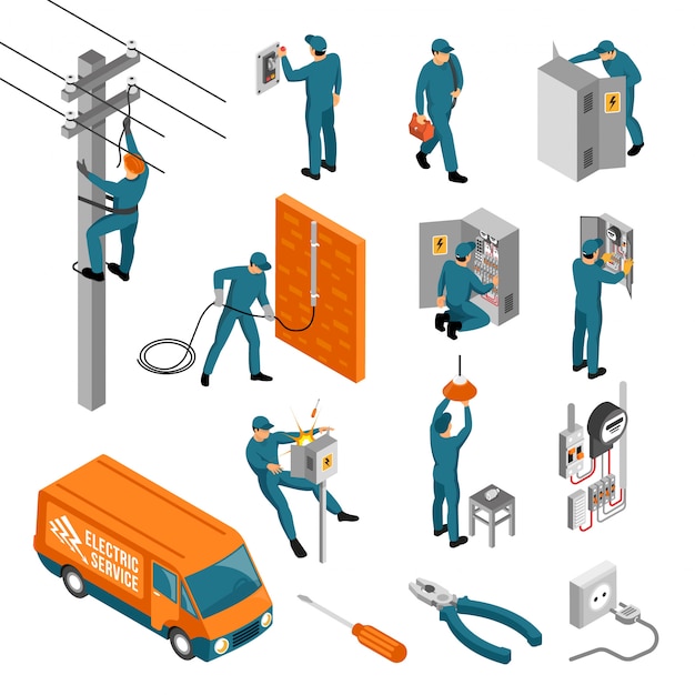 Vector gratuito colección de iconos isométricos de electricista