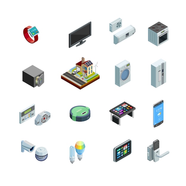 Colección de iconos isométricos de elementos de casa inteligentes