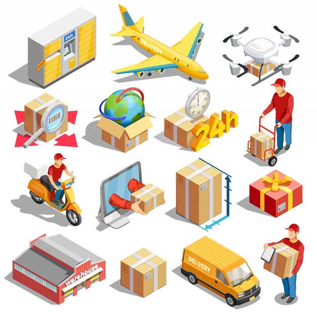 Colección de iconos isométricos de entrega
