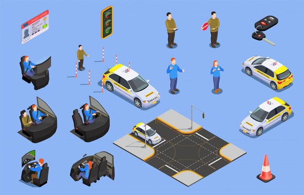 Colección de iconos isométricos de la escuela de manejo de simuladores de automóviles licencia de conducir y personajes humanos con ilustración de cono de seguridad