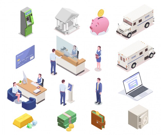 Colección de iconos isométricos financieros bancarios con dieciséis imágenes aisladas de empleados de banco clientes dinero y vehículos ilustración vectorial