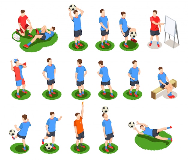 Colección de iconos isométricos de fútbol fútbol personas con personajes humanos aislados de jugadores en uniforme con balón