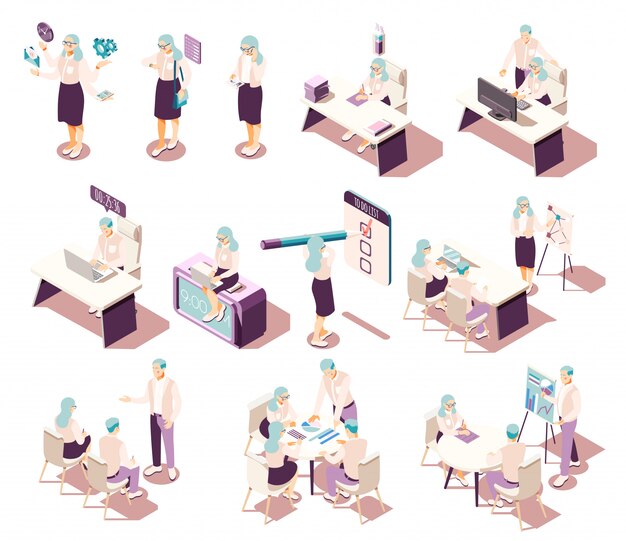 Colección de iconos isométricos de gestión eficaz con muebles de personajes humanos aislados y pictogramas conceptuales con elementos de productividad.