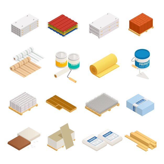Colección de iconos isométricos de materiales de construcción de dieciséis imágenes aisladas con hardware y materiales de construcción