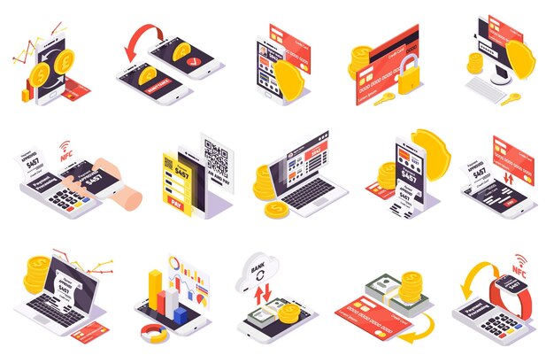 Colección de iconos isométricos de pago en línea con imágenes aisladas de teléfonos inteligentes monedas tarjetas de crédito y pictogramas financieros ilustración vectorial