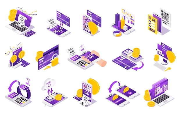 Colección de iconos isométricos de pago en línea con imágenes de monedas de oro escudos de seguridad cerraduras y dispositivos electrónicos ilustración vectorial