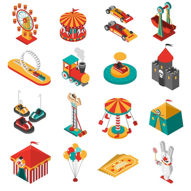 Colección de iconos isométricos del parque de atracciones