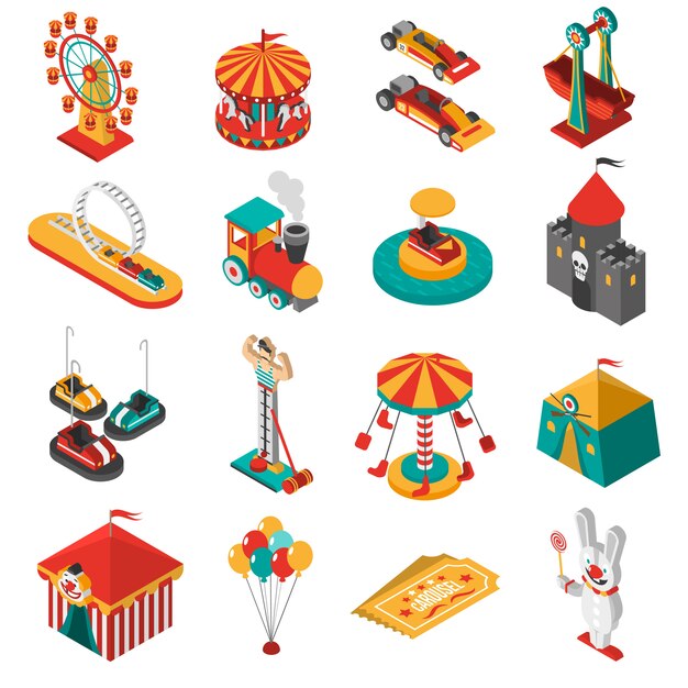 Colección de iconos isométricos del parque de atracciones