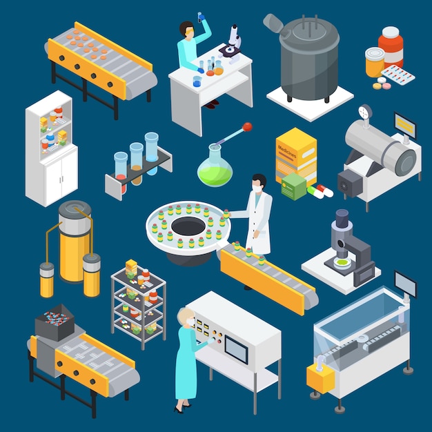 Colección de iconos isométricos de producción farmacéutica