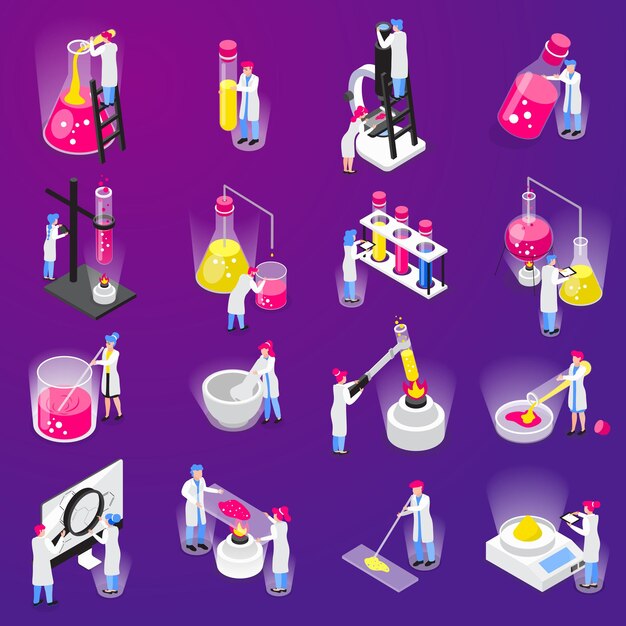 Colección de iconos isométricos de química con dieciséis imágenes aisladas personajes humanos de científicos tubos de ensayo y aparatos ilustración vectorial