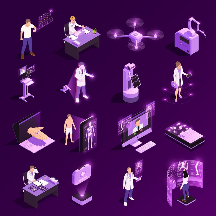 Vector gratuito colección de iconos isométricos de resplandor de salud digital de telemedicina con dieciséis composiciones de imágenes aisladas personajes humanos e ilustración de vectores electrónicos