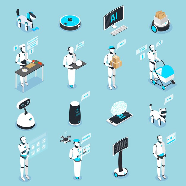 Colección de iconos isométricos del robot doméstico con asistentes controlados por la pantalla táctil digital del hogar para animales de servicio