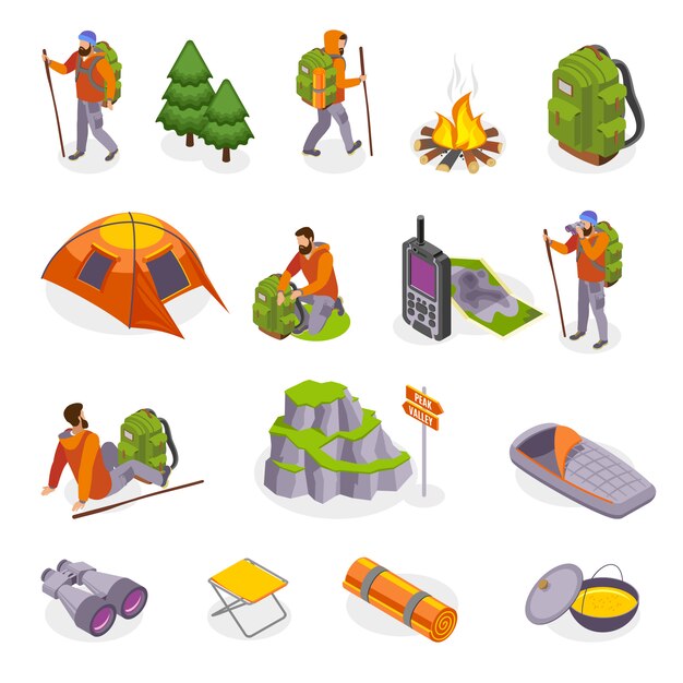 Colección de iconos isométricos de senderismo con imágenes aisladas de artículos de equipo de campamento y personajes humanos de turistas