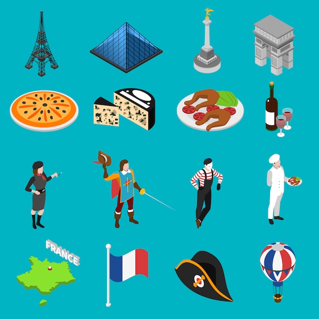 Vector gratuito colección de iconos isométricos de las tradiciones culturales francesas