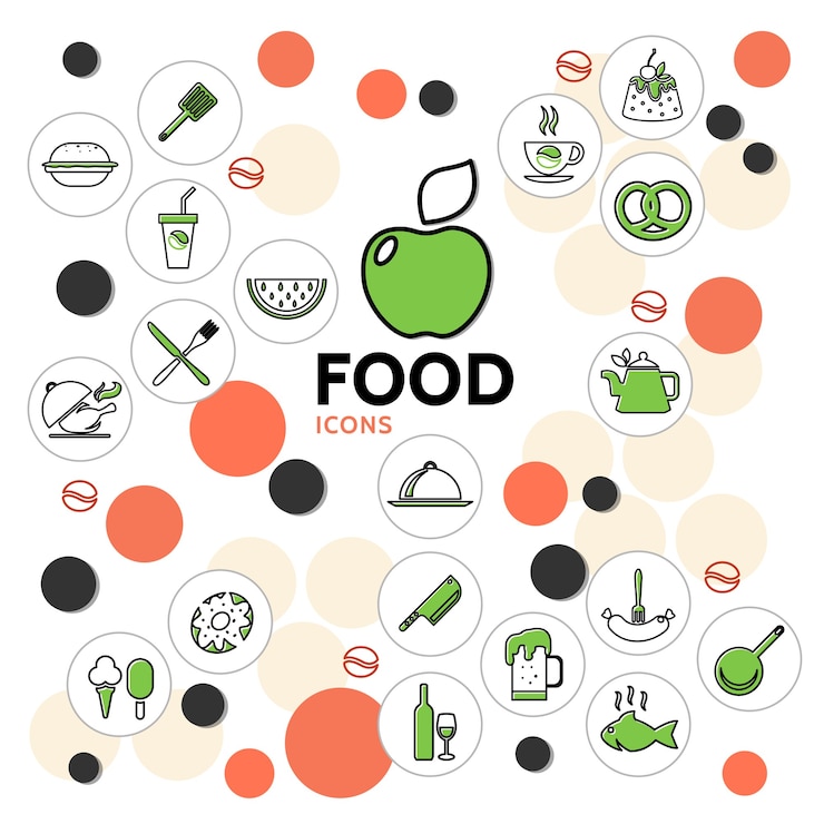 Vector gratuito colección de iconos de línea de alimentos con frutas, bebidas, pollo, pescado, helado, pastel, rosquilla, salchicha, pretzel, cocina