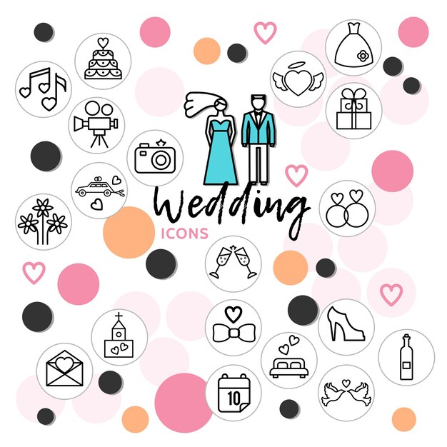 Colección de iconos de línea de boda con anillos de vestido de pastel de música de pareja, palomas de zapatos, letra de botella de champán