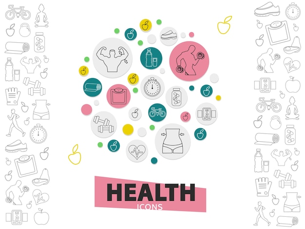 Colección de iconos de línea de estilo de vida saludable con equipo de fitness de aguacate de manzana de bicicleta de zapatillas de hombre fuerte
