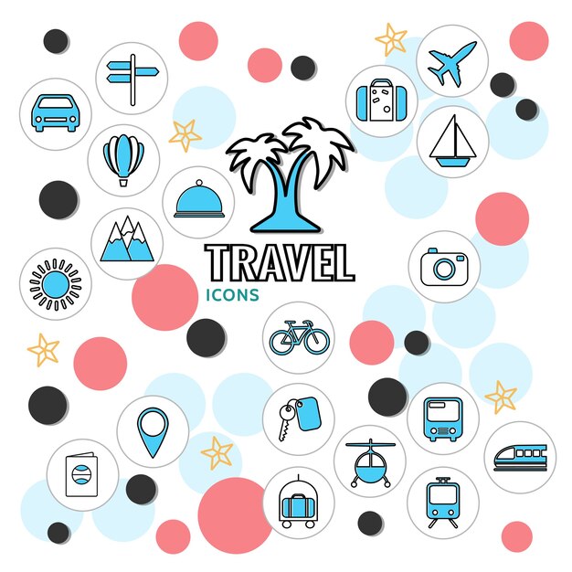 Colección de iconos de línea de vacaciones de verano con letrero de vehículos bolsa de palmera sun mountain key
