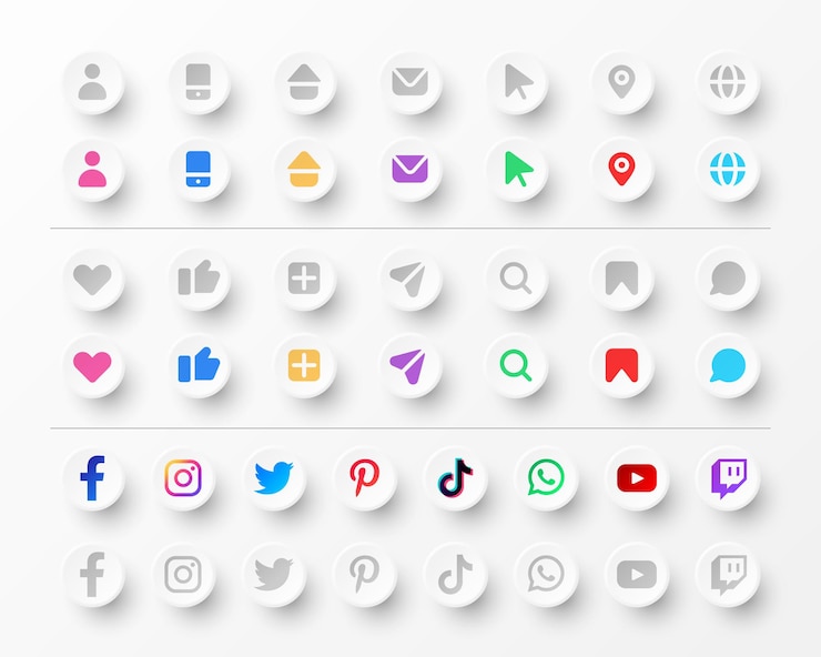 Vector gratuito colección de iconos y logotipos de redes sociales para tarjetas de visita y sitios web en estilo neumorfismo
