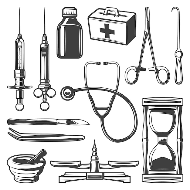 Vector gratuito colección de iconos médicos vintage con jeringas bolsa de doctor estetoscopio reloj de arena mortero botella escalas instrumentos quirúrgicos aislados