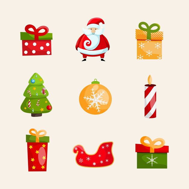 colección de iconos navideños con Papá Noel, juguete cisne, cajas de regalo, velas, árbol de Navidad y chuchería