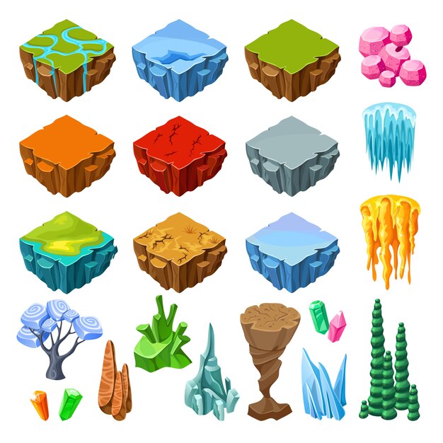 Colección de iconos de paisaje de juego brillante isométrico