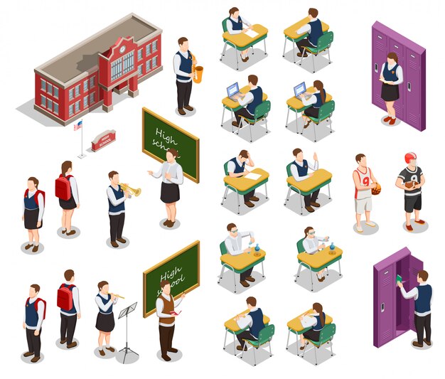 Colección de iconos de personas isométricas de secundaria con personajes humanos de profesores y estudiantes con ilustración de edificio escolar
