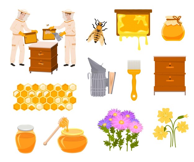 Colección de iconos planos de apicultura