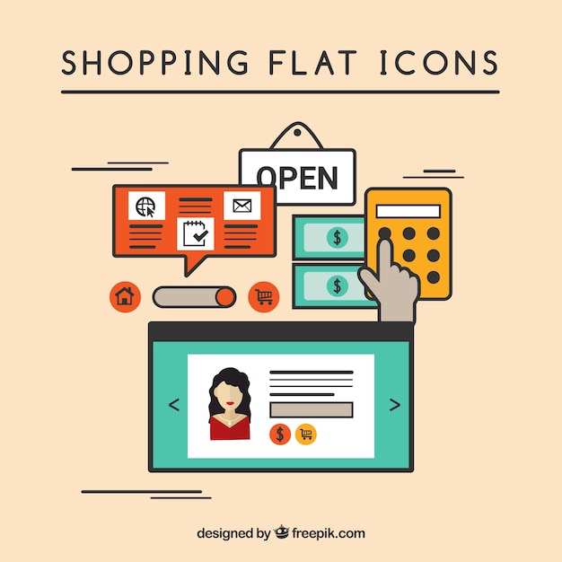 Colección de iconos planos de compras