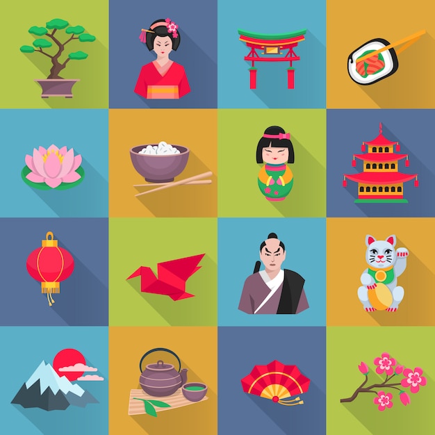Colección de iconos planos de cultura japonesa con flor de loto linterna roja