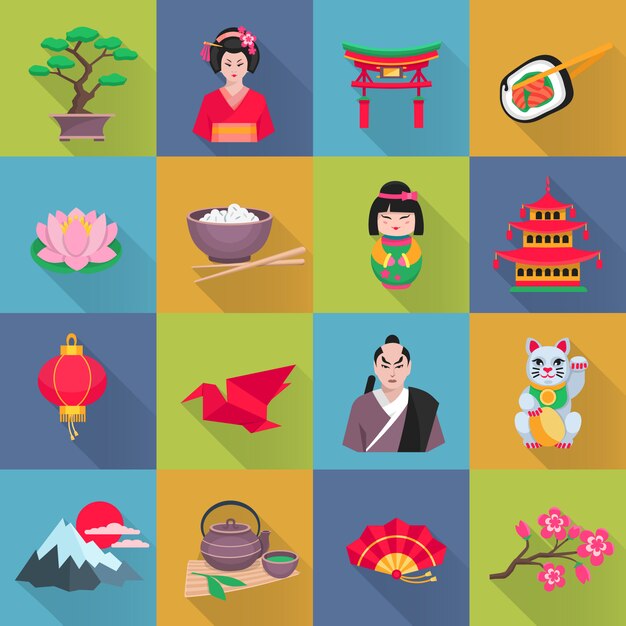 Colección de iconos planos de cultura japonesa con flor de loto linterna roja