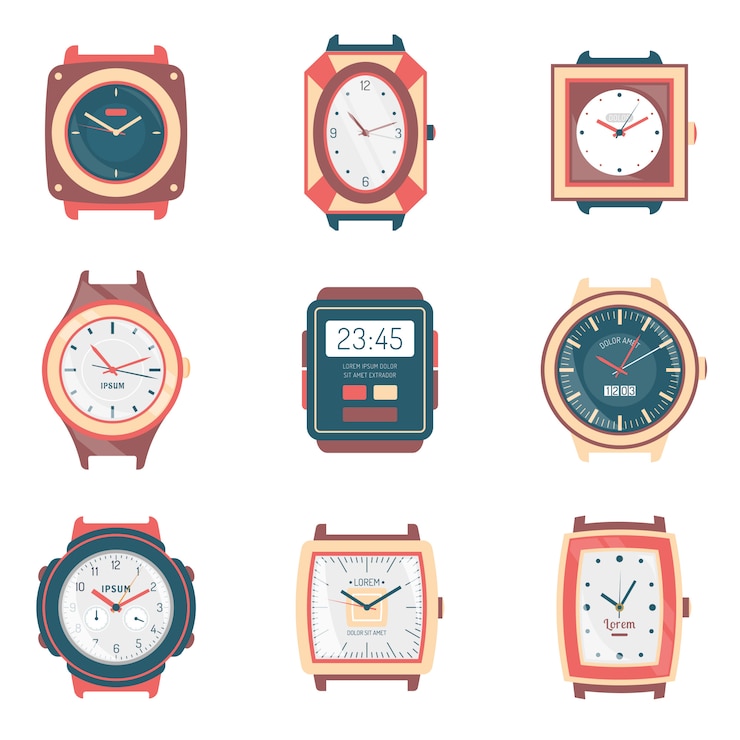 Vector gratuito colección de iconos planos de diferentes tipos de relojes