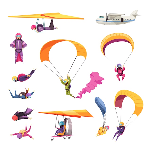 Vector gratuito colección de iconos planos de elementos de deporte extremo de paracaidismo con paracaídas salto caída libre avión planeador aislado