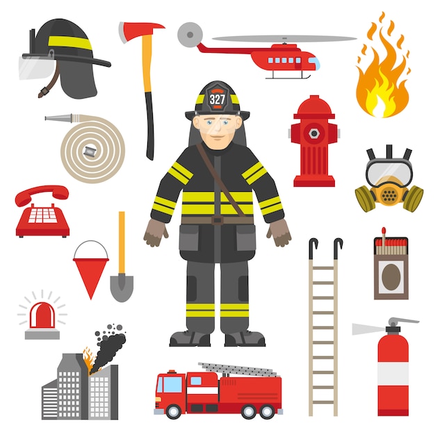 Colección de iconos planos de equipo profesional de bombero