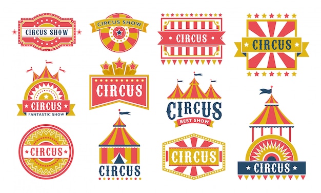 Colección de iconos planos de etiquetas de circo