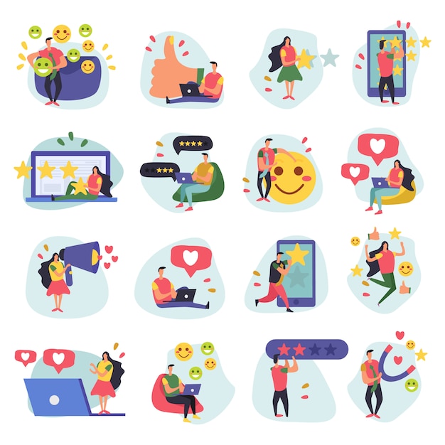 Vector gratuito colección de iconos planos de gestión de relaciones con clientes de crm de dieciséis imágenes de garabatos con símbolos y personajes humanos