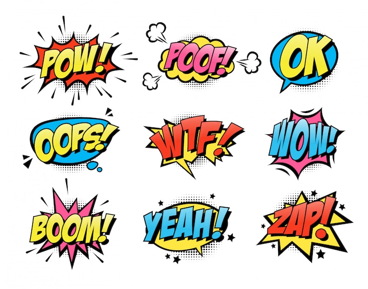Vector gratuito colección de iconos planos de globos de texto de explosión cómica
