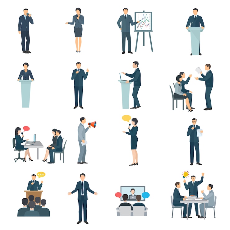 Vector gratuito colección de iconos planos de habilidades para hablar en público.