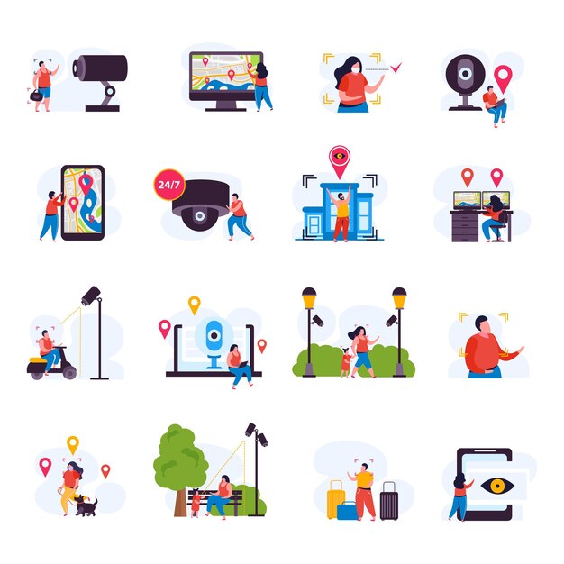 Vector gratuito colección de iconos planos de monitoreo de video de la ciudad con imágenes aisladas de elementos del sistema de vigilancia inteligente con ilustración vectorial de personas