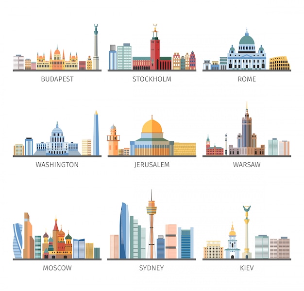 Colección de iconos planos de paisajes urbanos famosos del mundo