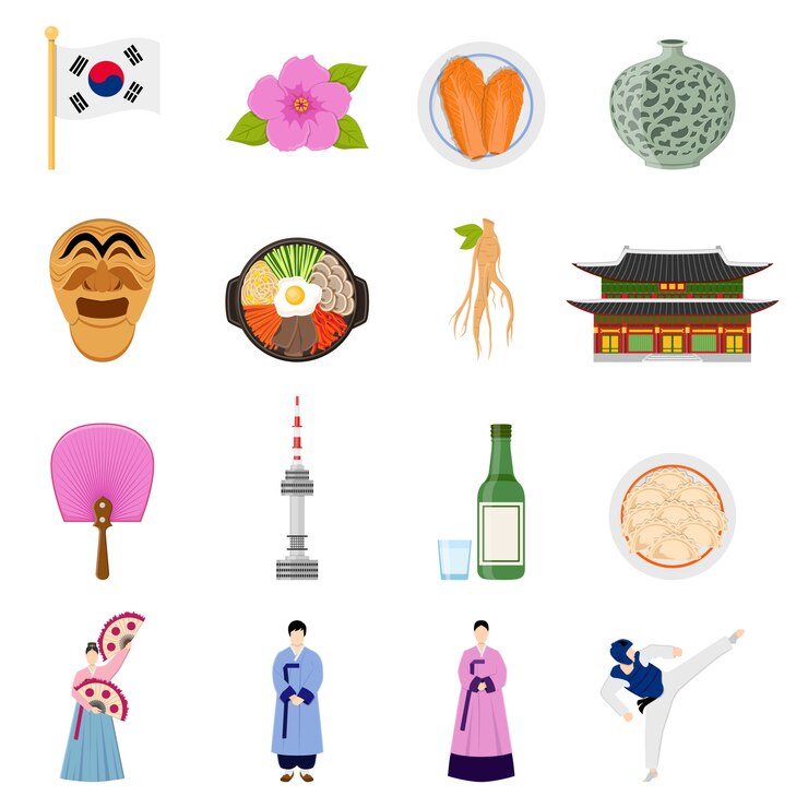Vector gratuito colección de iconos planos de símbolos de la cultura coreana