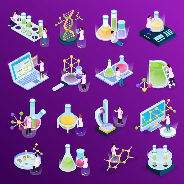 Colección con iconos de resplandor isométrico de investigación científica con líquidos coloridos en tubos de vidrio, computadoras y moléculas