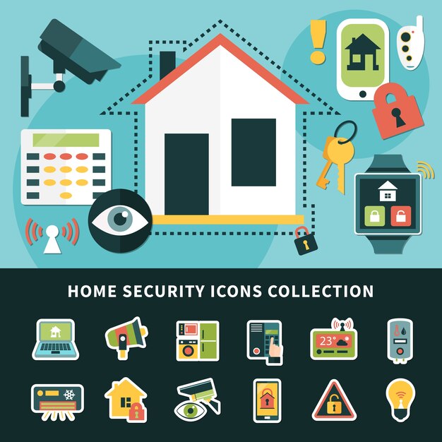 Colección de iconos de seguridad para el hogar con sistema de vigilancia, control de clima, aplicaciones móviles, casa inteligente, ilustración aislada